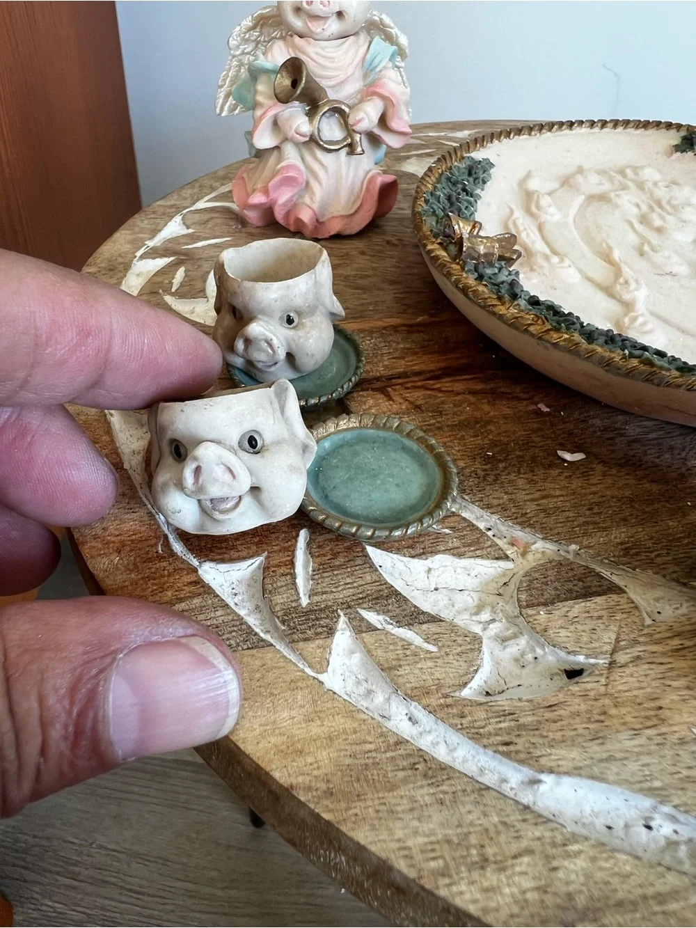 Hand-Painted Ceramic Piglet Figurine Ensemble in Pastel Colors